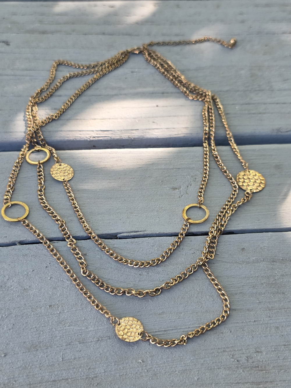 Copper-toned Three Layer Hammered Disc Chain Necklace